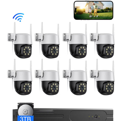 5MP Wifi Security Camera System, 8-Camera NVR Kit with 3TB Hard Drive, PTZ Cameras, Night Vision, No Monthly Fee