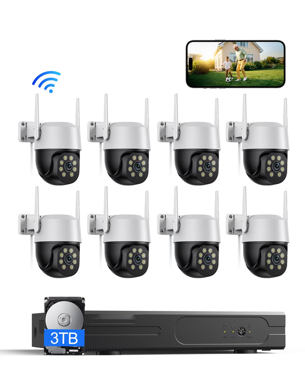 5MP Wifi Security Camera System, 8-Camera NVR Kit with 3TB Hard Drive, PTZ Cameras, Night Vision, No Monthly Fee
