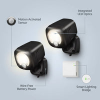 Black Smart Lighting Motion Activated Outdoor Integrated LED Spot Light Battery 2-Pack with Smart Lighting Bridge White — infographic