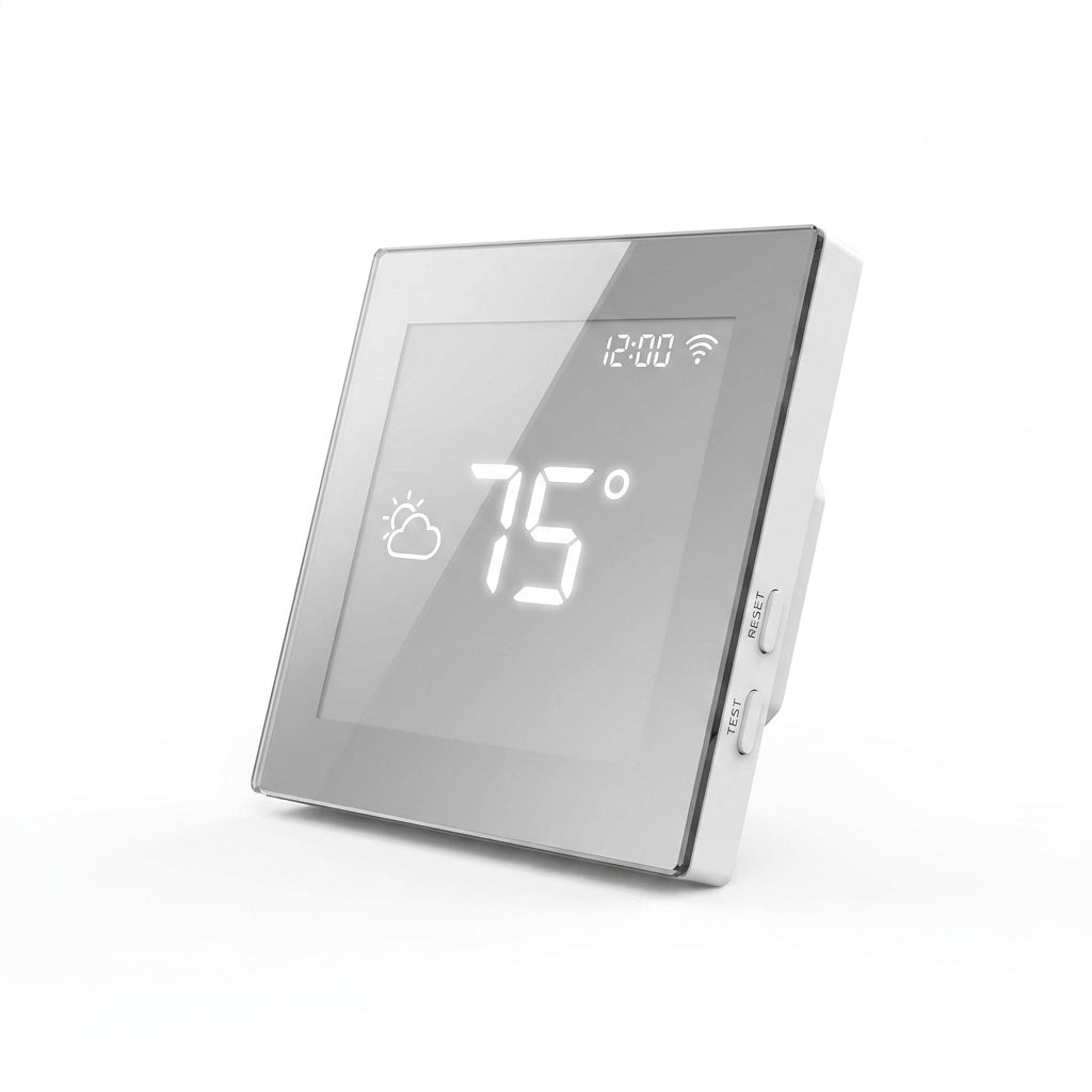 Floor Heating Smart Thermostat Built for Precision Control, 120V/240V Compatible, App Control, Mirror Finish — Studio Shot