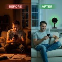 Wireless Indoor Plug-In Smart Security Camera with Night Vision, 2-Way Audio, Built-In Microphone & Speaker (Black) — Before & After