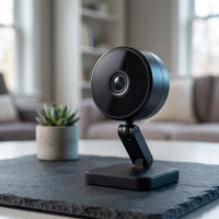 Wireless Indoor Plug-In Smart Security Camera with Night Vision, 2-Way Audio, Built-In Microphone & Speaker (Black) — Studio Shot