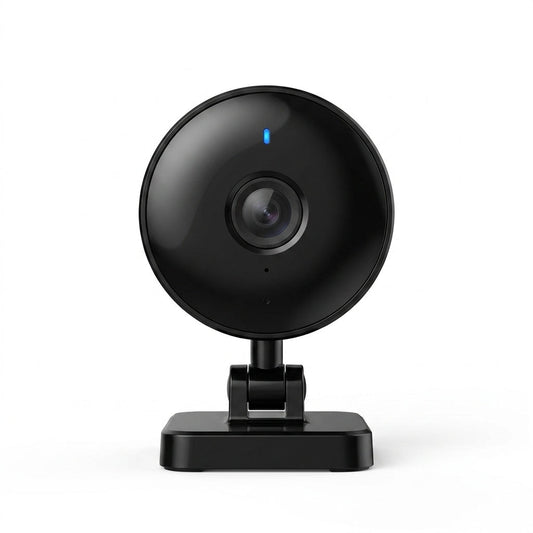 Wireless Indoor Plug-In Smart Security Camera with Night Vision, 2-Way Audio, Built-In Microphone & Speaker (Black) — Studio Shot