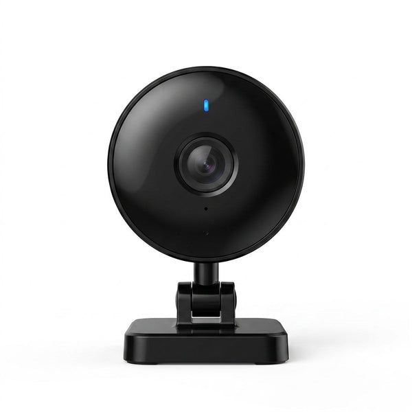 Wireless Indoor Plug-In Smart Security Camera with Night Vision, 2-Way Audio, Built-In Microphone & Speaker (Black) — Studio Shot