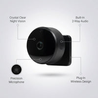 Wireless Indoor Plug-In Smart Security Camera with Night Vision, 2-Way Audio, Built-In Microphone & Speaker (Black) — infographic